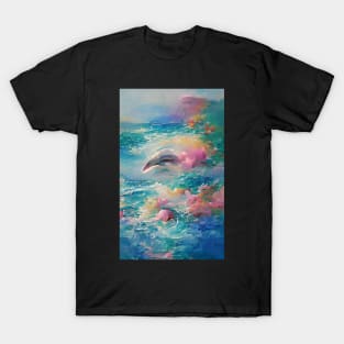 Summer Sea Waves Watercolor Dolphin Art T-Shirt